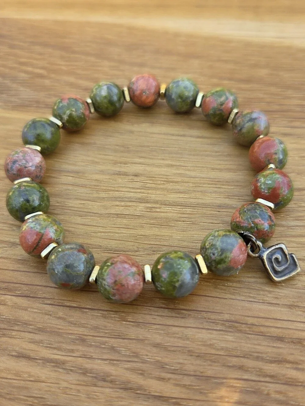 Green & Pink Unakite Beads Stretch Bracelet - Handcrafted
